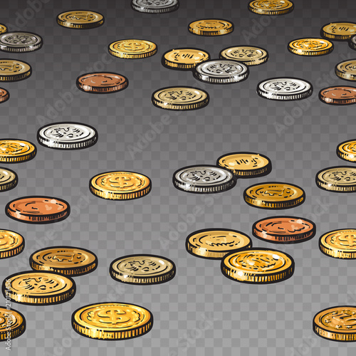 Different coins isolated on transparent background. Seamless border.