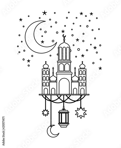 arabic castle with moon and decoration hanging in the night vector illustration