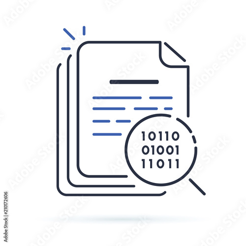 Smart Contract audit or smart contract review icon. Main electronic blockchain ICO document with loupe and code.