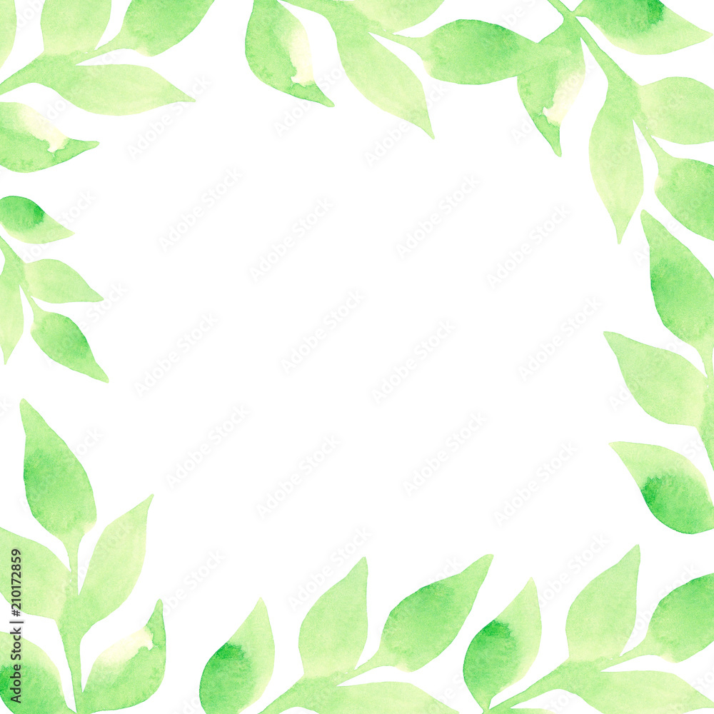 Watercolor illustration. Frame with decorative green leaves on a white background
