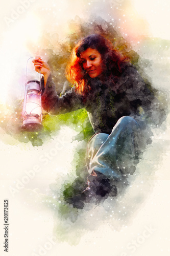 Fantasy beautiful woman with light lamps and softly blurred watercolor background.