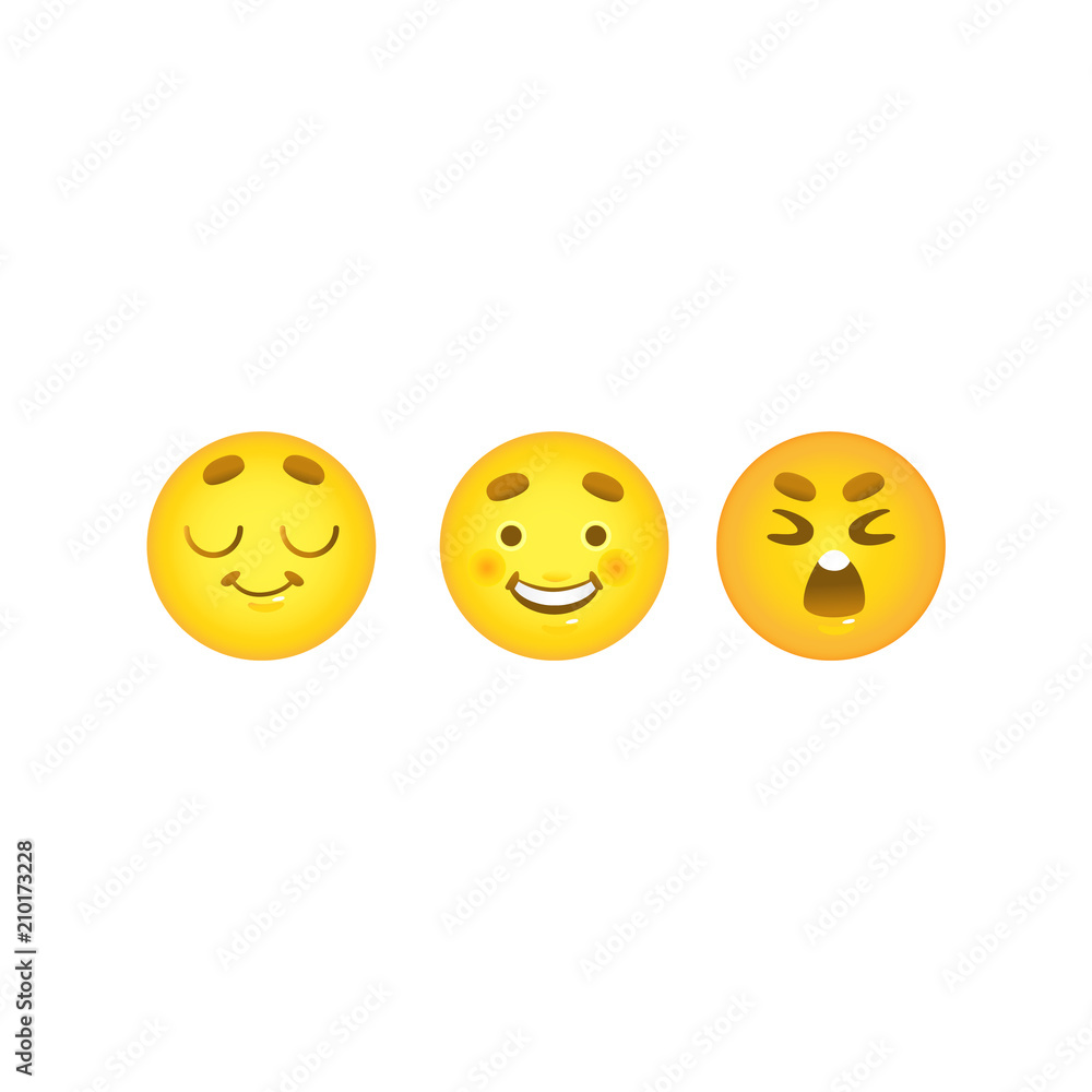 Fototapeta premium Smiley emoticon balls set with dreaming, happy and crying face emotions isolated on white background. Various expressions on cute yellow emoji in cartoon vector illustration.