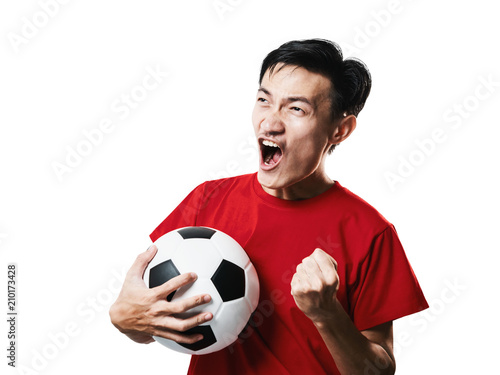 Asian Thai people soccer fan football in red sleeve shirt isolated on white. © makibestphoto