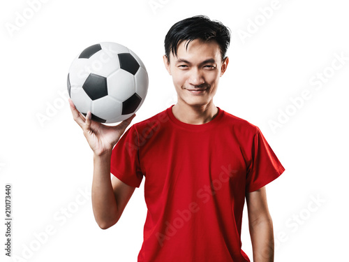 Asian Thai people soccer fan football in red sleeve shirt isolated on white. © makibestphoto