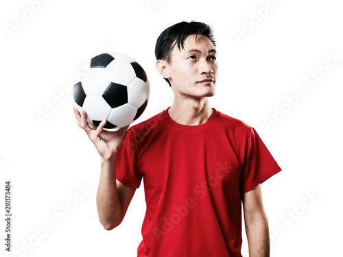 Asian Thai people soccer fan football in red sleeve shirt isolated on white.