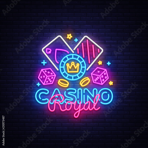 Casino Royal Neon Logo Vector. Casino neon sign, design template, modern trend design, casino neon signboard, night bright advertising, light banner, light art. Vector illustration