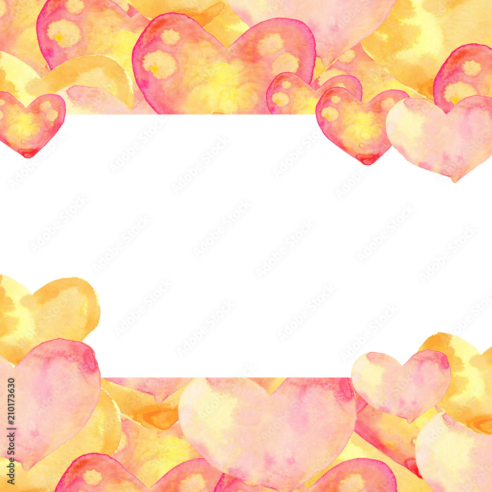 Watercolor illustration. Frame with yellow and pink hearts with a color and white background Watercolor illustration. Frame with yellow and pink hearts with a color and white background