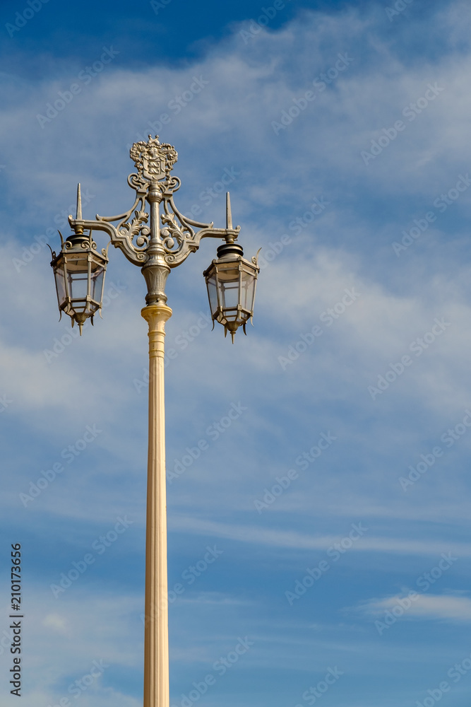 An ornate street lamp on the seafront in the city of Brighton, Sussex, England, UK in portrait orientation.