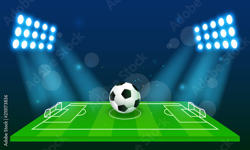 Soccer field background vector illustration. Ball in arena field with stadium lights.