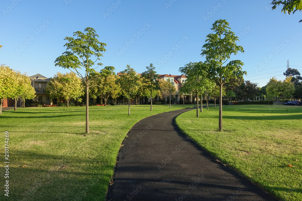 Obraz premium Footpath lined with trees in a park with residential townhouses in distance. Kensington, VIC Australia.