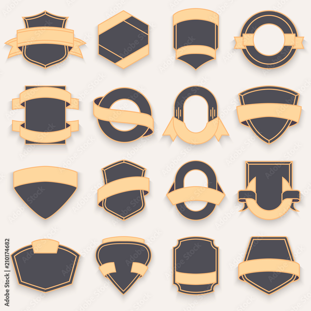 Set of blank empty dark shields. Shield badge shapes. Vintage frames for emblems, labels, insignia Set of blank empty dark shields. Shield badge shapes. Vintage frames for emblems, labels, insignia