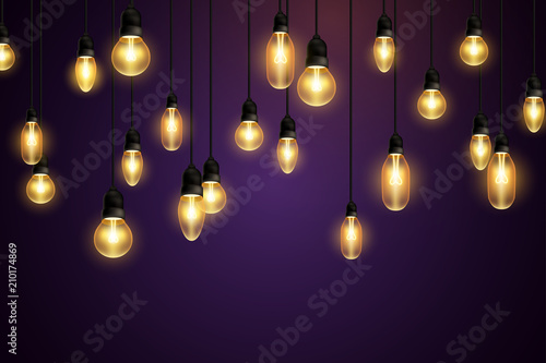 Retro bulbs hanging on violet background