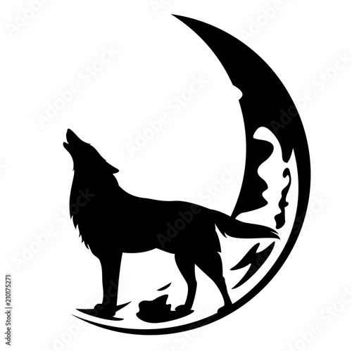 howling wolf and crescent moon black and white vector design