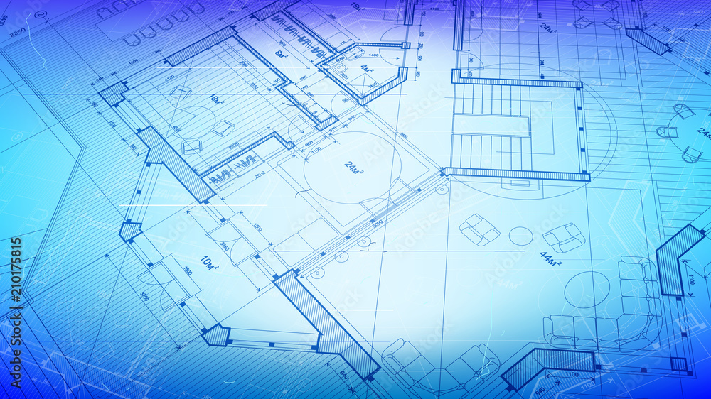 architectural blueprint - the architectural plan of a modern residential building with the layout of the interiors of different rooms, elements of furniture & equipment on a technological background architectural blueprint - the architectural plan of a modern residential building with the layout of the interiors of different rooms, elements of furniture & equipment on a technological background