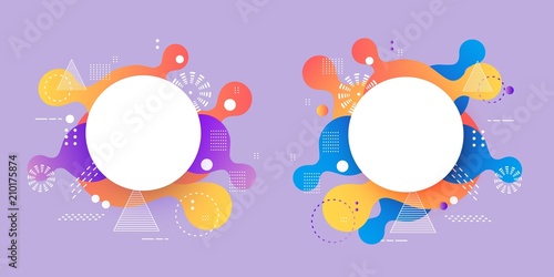 Gradient banners set - fluid color abstract geometric shapes and textures with white round badge for copy space, vector illustration for advertising or business presentation.