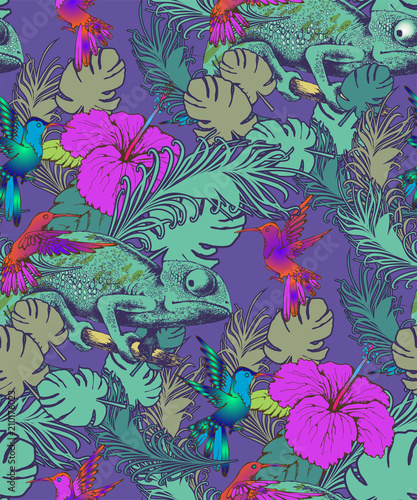 Seamless pattern of colibri and chamelion. Vector illustration