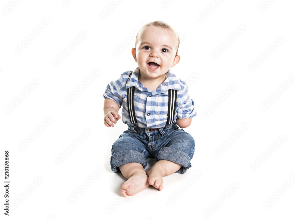 cute baby boy with one hand over white background cute baby boy with one hand over white background