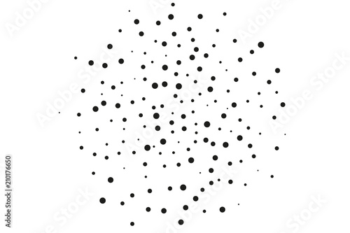 Black dots of different sizes on a white background. Abstract spray pattern.