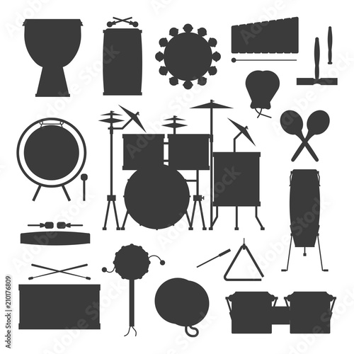 Musical drum silhouette wood rhythm music instrument series percussion musician performance vector illustration
