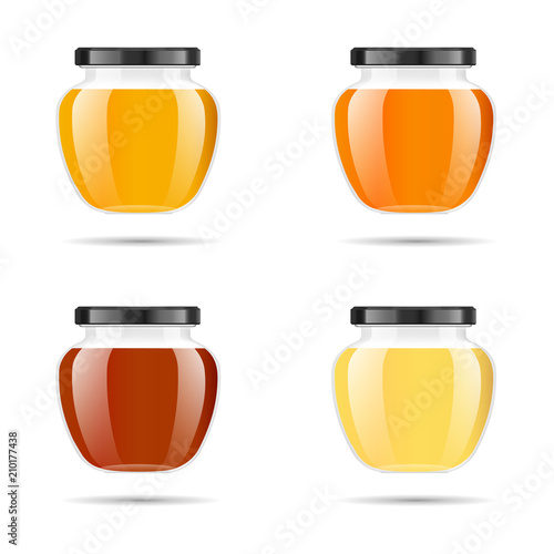 Realistic transparent glass jar with honey. Food bank. Honey packaging design. Honey logo. Mock up glass jar with design label or badges. Premium food product. Vector illustrations.