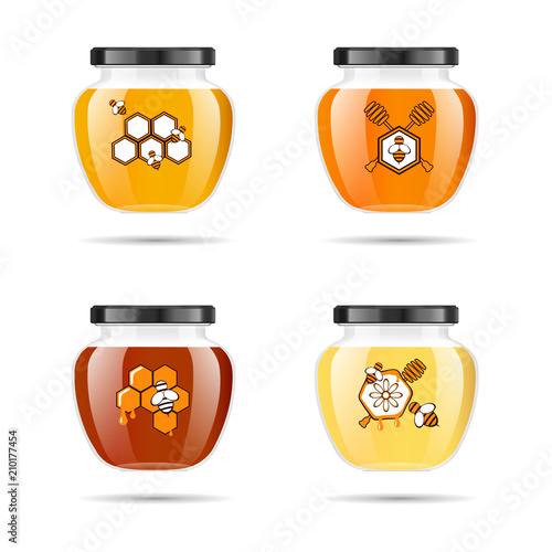 Realistic transparent glass jar with honey. Food bank. Honey packaging design. Honey logo. Mock up glass jar with design label or badges. Premium food product. Vector illustrations.