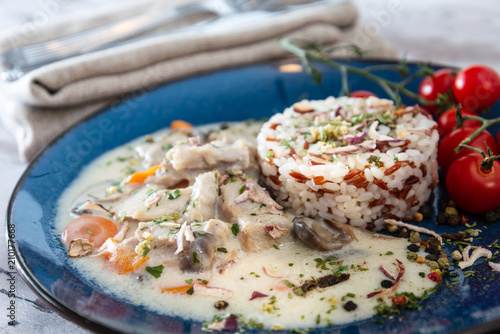 blanquette of veal with porcini mushrooms and rice