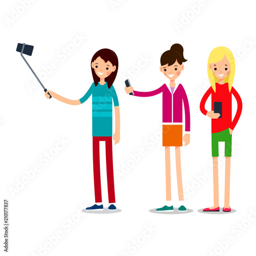Girl selfie. Friends do joint self-portrait photograph. Happy smiling young women taking selfie photo. Illustration in flat style. Isolated