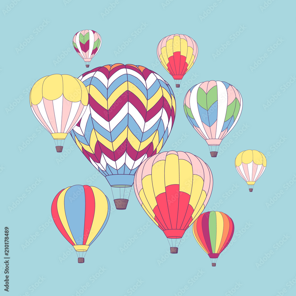 Vector illustration, decorative design template. Bright retro card with hot air balloons.