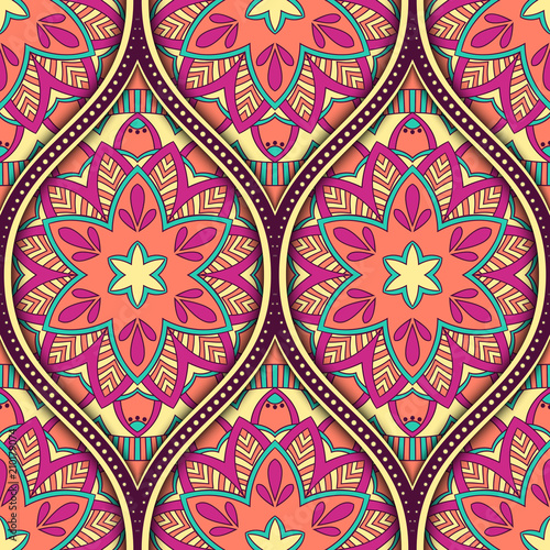 Seamless pattern with ethnic mandala ornament. Hand drawn vector illustration