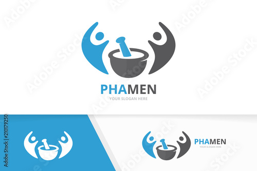 Vector pharmacy and people logo combination. Pounder and family symbol or icon. Unique mortar and pestle logotype design template.