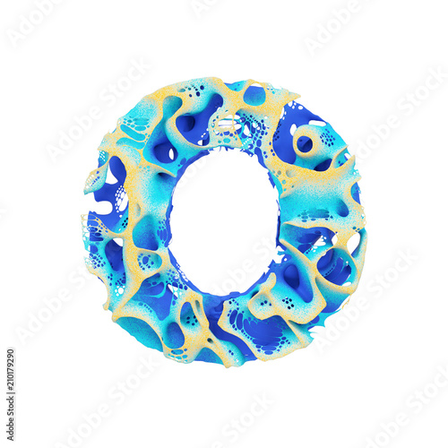 Sea alphabet letter O uppercase. Tropical exotic font made of blue wavy water and yellow sand. 3D render isolated on white background.