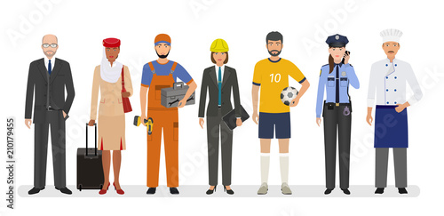 Employee and workers characters standing together. Group of seven people with different occupation.