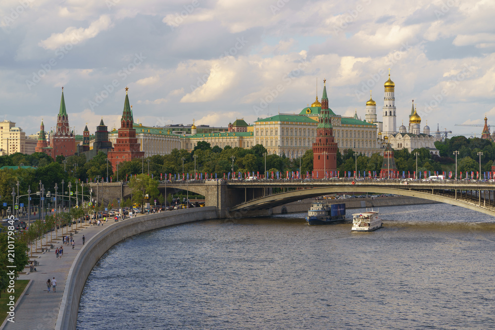 Moscow at the time of football World Cup. The Kremlin, the Ivan the Great bell tower, the Assumption cathedral, the Arkhangelsk cathedral and the Residence of the President of the Russian Federation