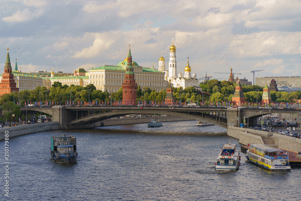 Moscow at the time of football World Cup. The Kremlin, the Ivan the Great bell tower, the Assumption cathedral, the Arkhangelsk cathedral and the Residence of the President of the Russian Federation