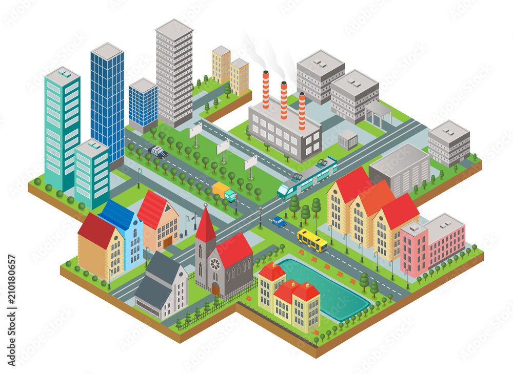 3d isometric three-dimensional modern city view. City with roads, skyscrapers, civil buildings and transport.