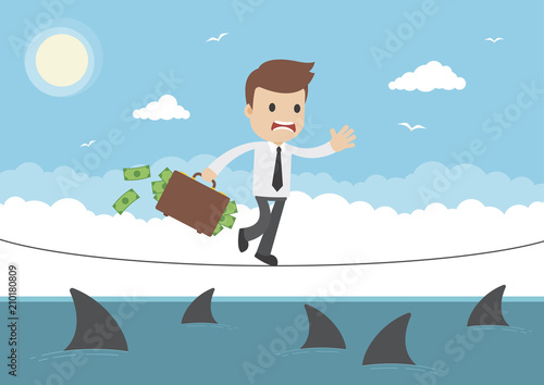 Cartoon Vector Businessman TightRope Walking over Sharks
