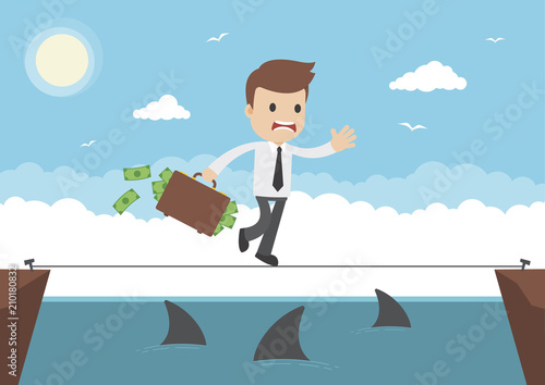 Cartoon Vector Businessman Tightrope Walking over Sharks