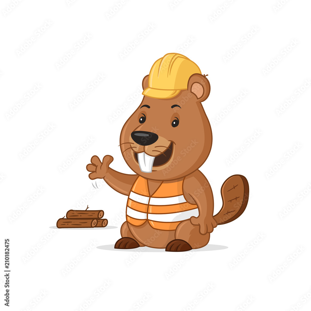 Cute happy beaver contractor mascot wearing hard hat waving with his paw  vector cartoon illustration Stock Vector | Adobe Stock