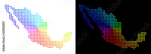 Colored dot Mexico map. Vector territory map in bright rainbow colors with circular gradient on white and black backgrounds. Points have rhombus form.