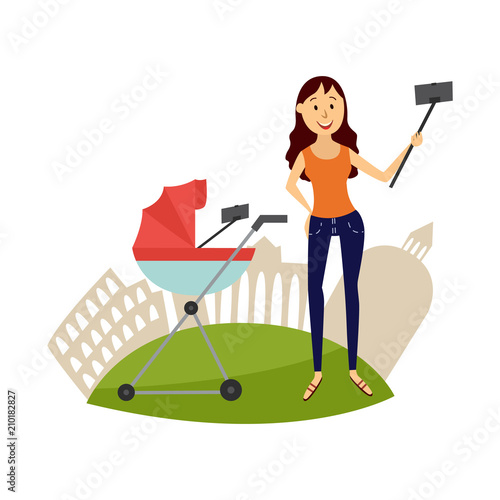 Cheerful family character - mother with infant baby in pram making selfie by stick or monopod from smartphone smiling on background of sightseeing. Selfie on vacation concept. Vector illustration