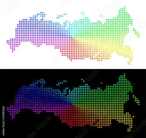 Rainbow dot Russia map. Vector territorial scheme in bright rainbow colors with circular gradient on white and black backgrounds. Points have rhombic form.