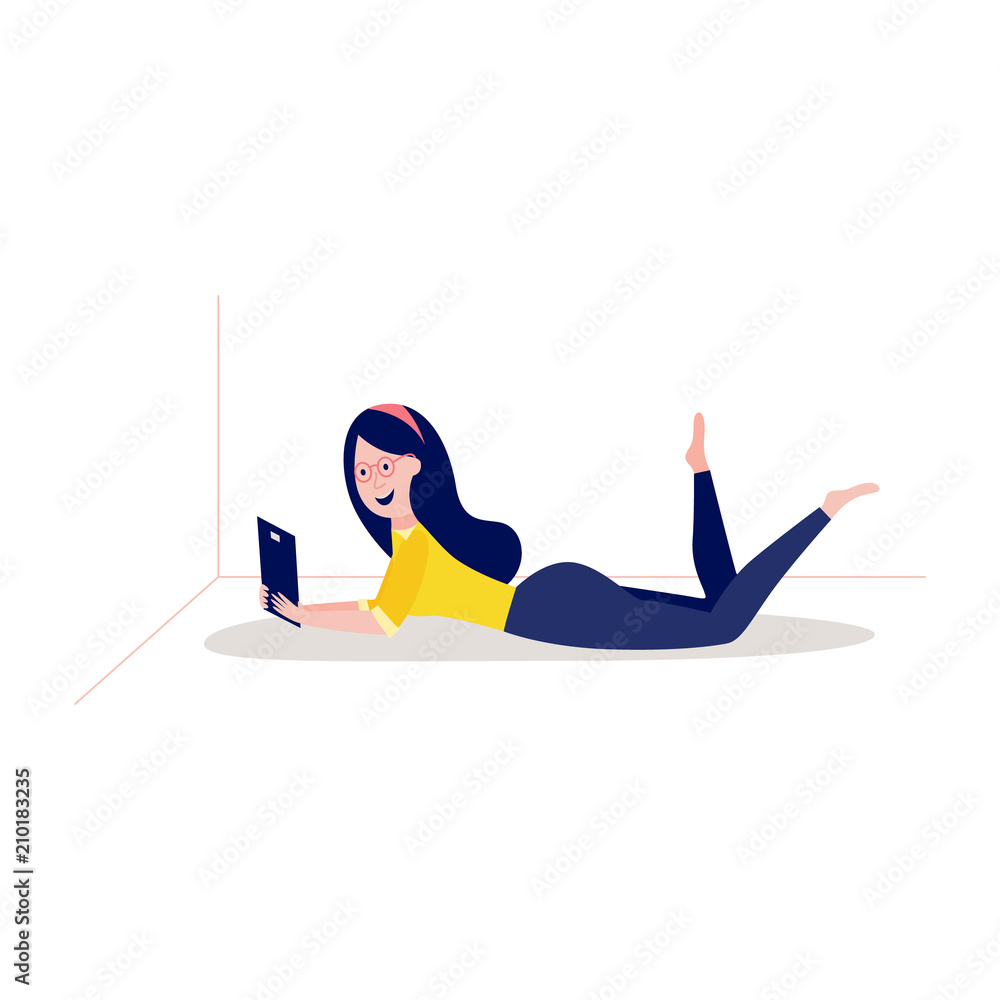 Obraz premium Online distant education concept with young woman, female student character lying at floor holding tablet computer, reading or doing research smiling. Vector cartoon illustration