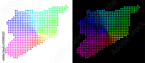Rainbow dotted Syria map. Vector geographic plan in bright rainbow colors with circular gradient on white and black backgrounds. Pixels have rhombic shape.