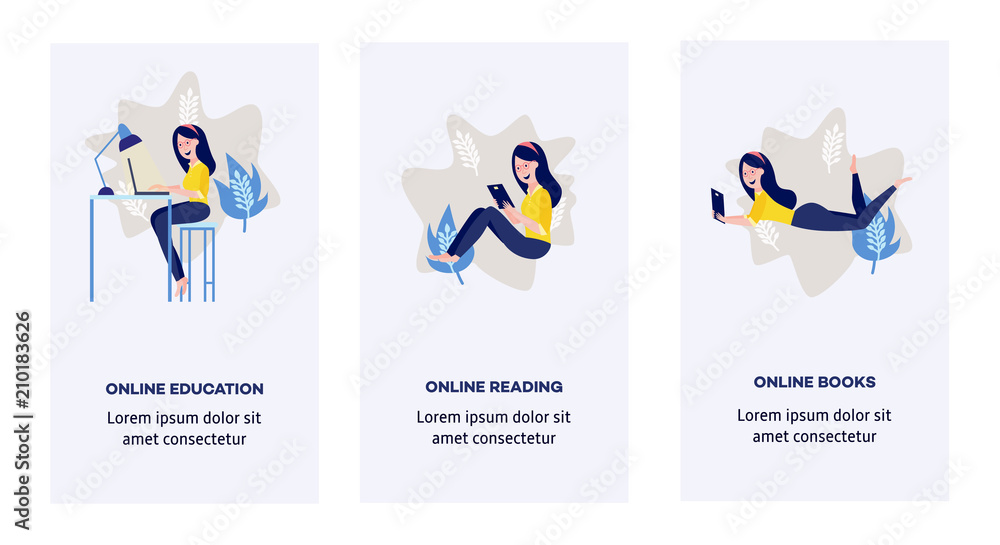 Online distant education concept poster set with young girl student sitting at desk typing on laptop, holding diploma on blue background abstract shapes, leaves space text. Vector cartoon illustration
