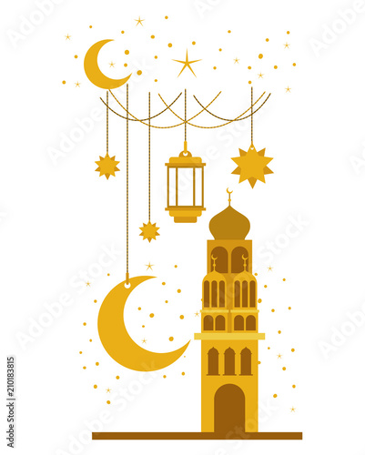 arabic castle with moon and decoration hanging in the night vector illustration