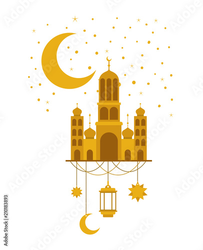 arabic castle with moon and decoration hanging in the night vector illustration