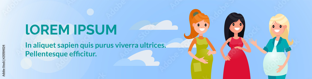 Three pregnant women. Banner. flat style Three pregnant women. Banner. flat style