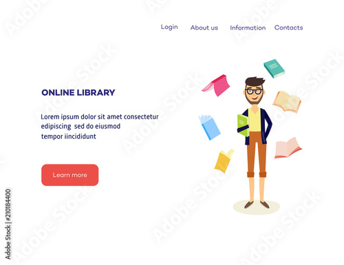 Cheerful student caucasian man standing in casual clothing holding book with textbooks flying around poster. Male character and education, university, college concept. Vector isolated illustration