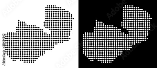 Vector rhombic pixel Zambia map. Abstract geographical maps in black and white colors on white and black backgrounds. Zambia map composed of rhombic item pattern.