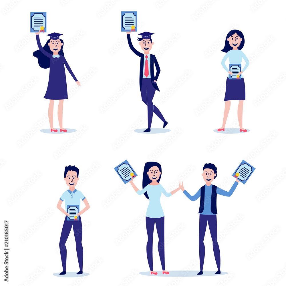 Students graduating from university with diplomas in their hands set - happy and smiling young boys and girls holding certificates of completion of school, isolated flat vector illustration.